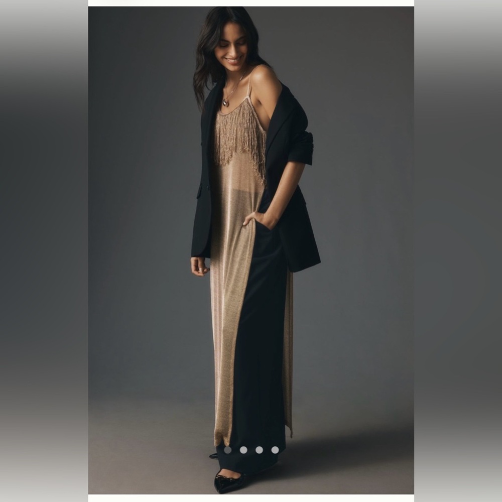 Sunday In Brooklyn Fringe-Trim Metallic Slip Maxi Tunic in Gold OS NWT